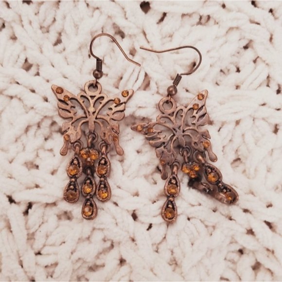 Vintage Copper Butterfly earrings with faux gemstones - Picture 1 of 5